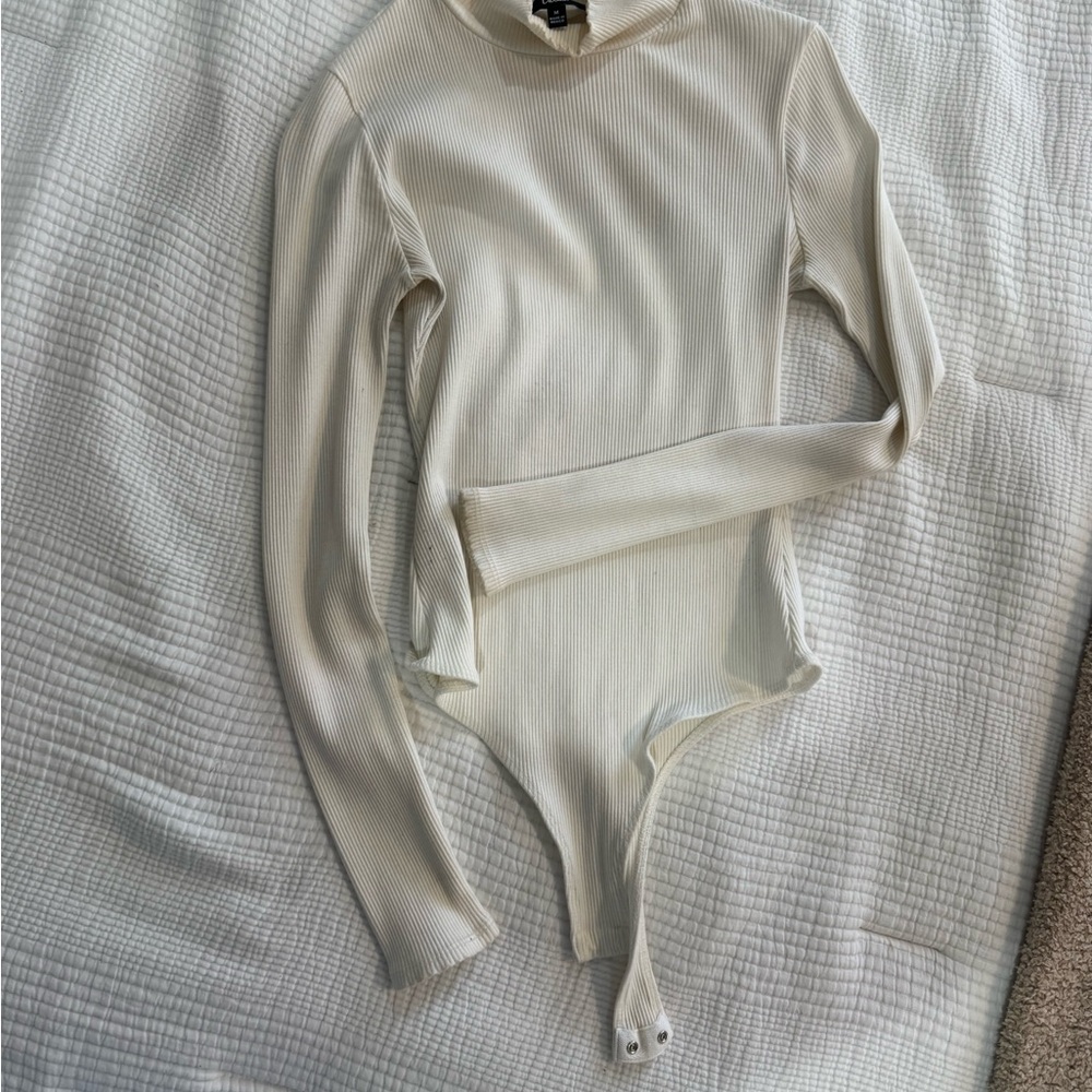 Lulu's White Mockneck Ribbed Bodysuit